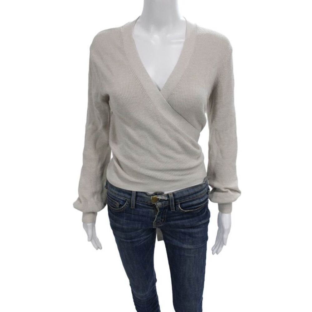 Le Ore Womens Beige V Neck Merino Blend Cardigan Button Long Sleeve Size S